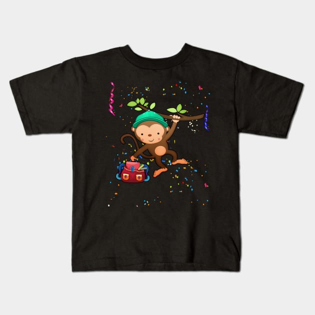 Monkey with basecap on a branch with a backpack Kids T-Shirt by Shirtjaeger